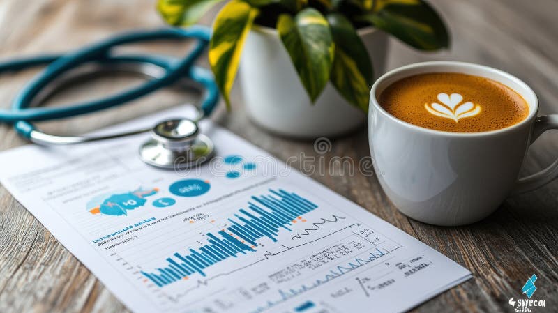 Medical Records with Stethoscope and Coffee. stock illustration