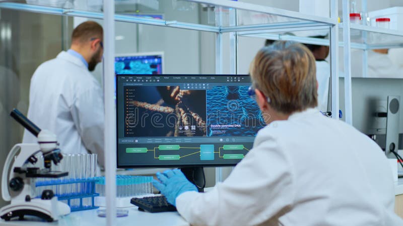 Medical research scientist typing codes on computer royalty free stock images