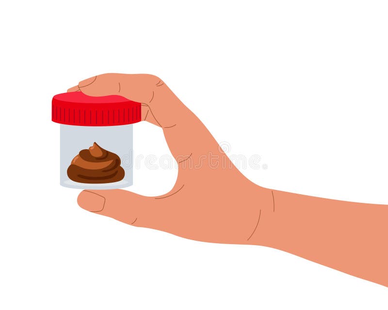 Medical sample in tube. Human hand holding Jar for feces. Stool analysis. Laboratory container with excrement vector illustration
