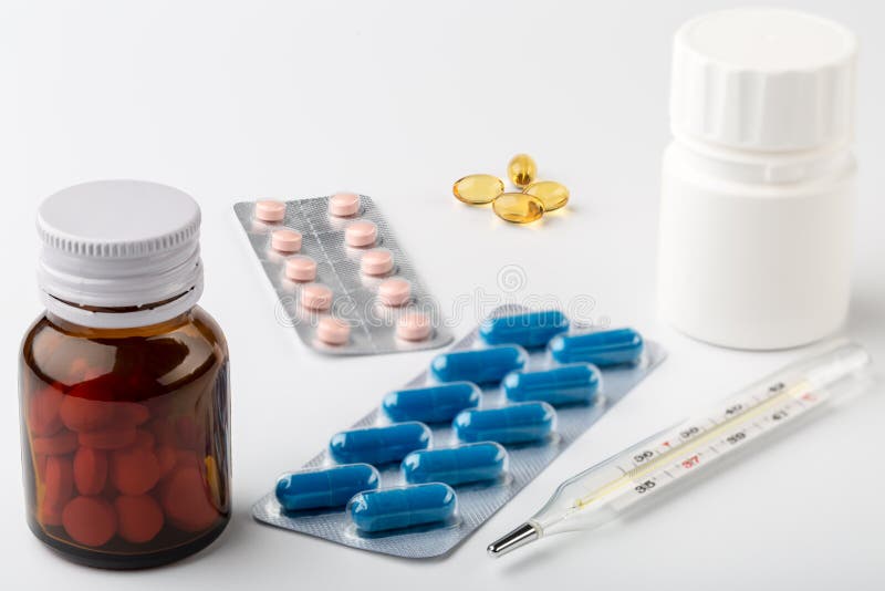 Medical Setup of Glass and Plastic Bottles for Medicine Stock Image