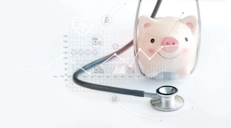 Medical stethoscope and piggy bank, Health Insurance, Healthcare business graph and Medical examination on business data.