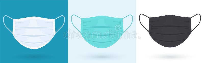 Medical or surgical face shield. Blue, white, black protection mask with ear loop, front view vector illustration