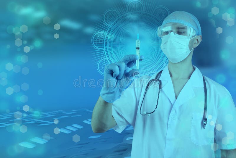 Medical syringe for injection in the hands of a doctor against virtual background, concept of vaccination royalty free stock photography Medical syringe for injection in the hands of a doctor against virtual background, concept of vaccination royalty free stock photography