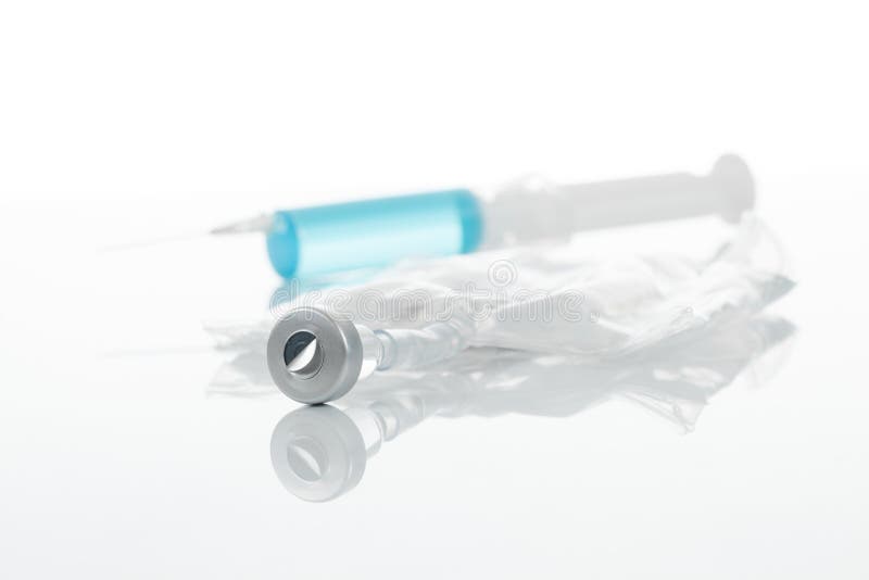 Medical Syringe Over Container with Medication Close Up Studio Shot Stock Image Image of