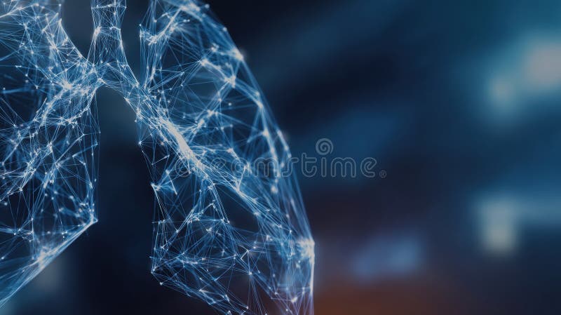 The visual shows a digital model of lungs interconnected with lines and points, symbolizing data flow in healthcare systems. Artificial intelligence lungs stock images, royalty-free photos and pictures
