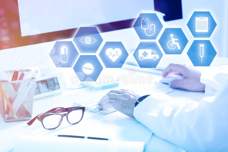 Medical Technology. Scientist Working on Computer in Office, Closeup