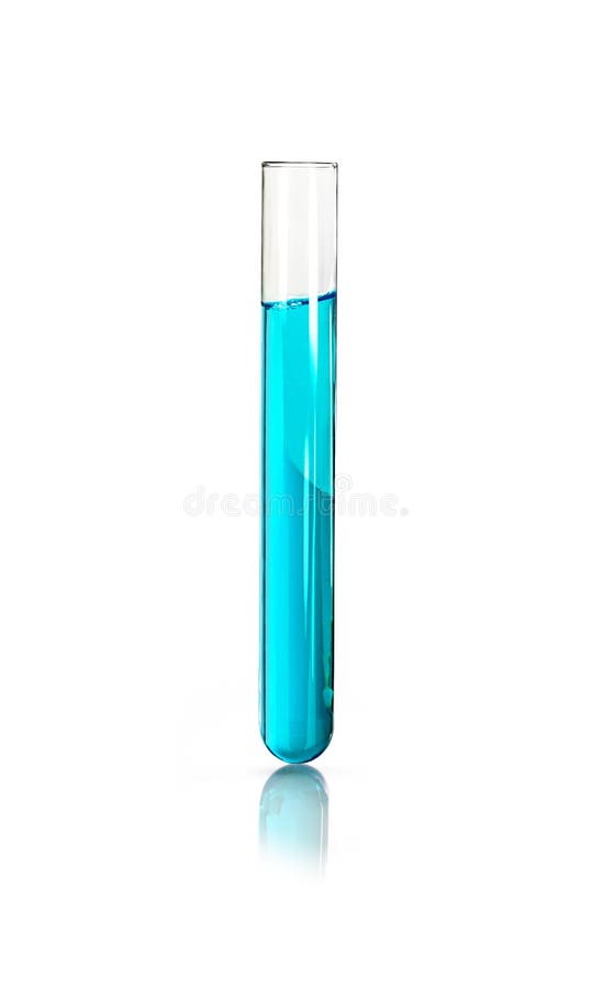 Medical test tube with blue liquid isolated on white background