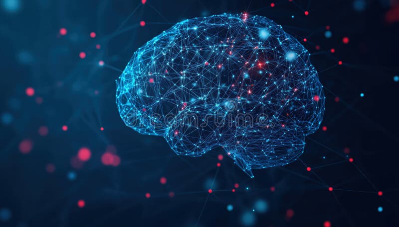 Medical Treatment And Pharmacy For Abstract Blue Brains With Red Spot: Low Poly Geometric Wireframe Light Connection Structure In stock photo