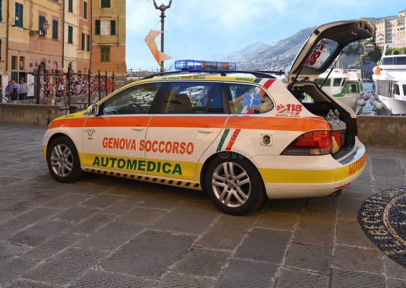 Medical unit operated by 118 Genoa Soccorso, just responded to a man down in Camogli, Italy royalty free stock image Medical unit operated by 118 Genoa Soccorso, just responded to a man down in Camogli, Italy royalty free stock image
