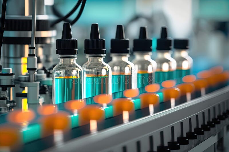 Medical vials on conveyor stock image. Image of chemistry 299264257