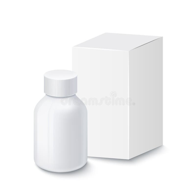 Medical white plastic bottle for pills with white cardboard packaging, isolated on white background vector illustration Medical white plastic bottle for pills with white cardboard packaging, isolated on white background vector illustration