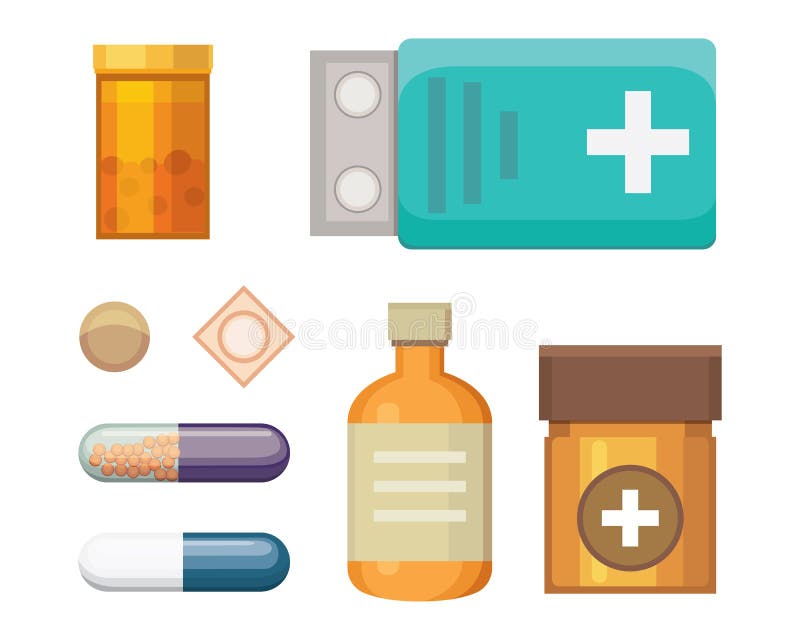 Medicamentos dos desenhos animados, poções e pílulas pilhas definido.  medicamento médico para a saúde, comprimidos de farmácia de medicina