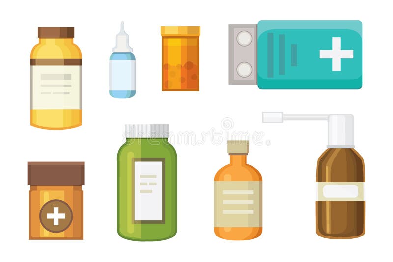 Medicamentos dos desenhos animados, poções e pílulas pilhas definido.  medicamento médico para a saúde, comprimidos de farmácia de medicina