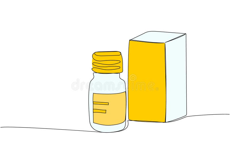 Desenho contínuo de uma linha de pílulas de remédios ou frasco de