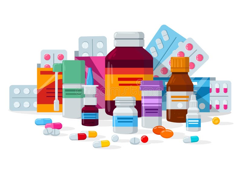 Medicação De Desenho Animado. Comprimidos Cápsulas E Frascos De