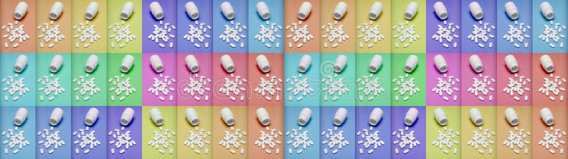 Medication bottle and white pills spilled on pastel coloured backgrounds. Creative Opioid epidemic concept. royalty free stock image