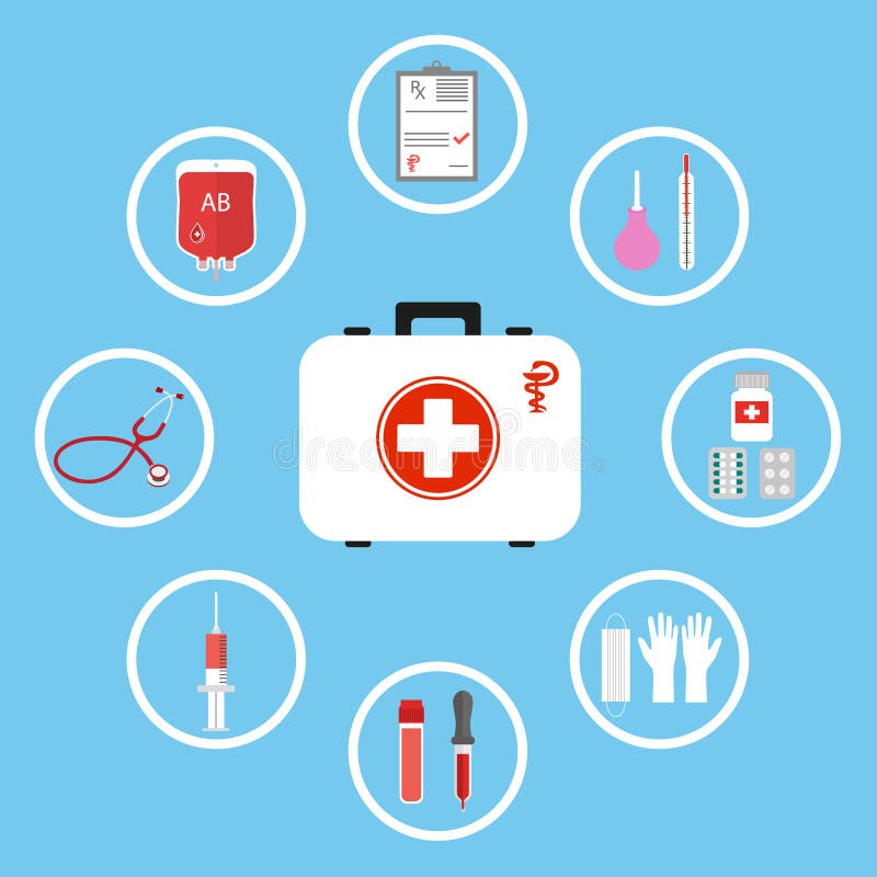 Medicina digital de los iconos del diseño de la medicina de los primeros auxilios del equipo en un fondo azul libre illustration Medicina digital de los iconos del diseño de la medicina de los primeros auxilios del equipo en un fondo azul libre illustration