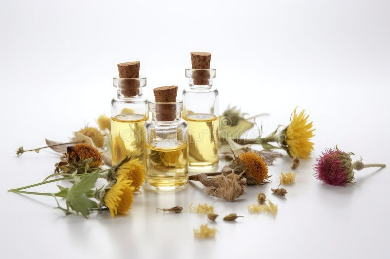 Medicinal Herbs and Oils in Bottles on White Background. Generative AI