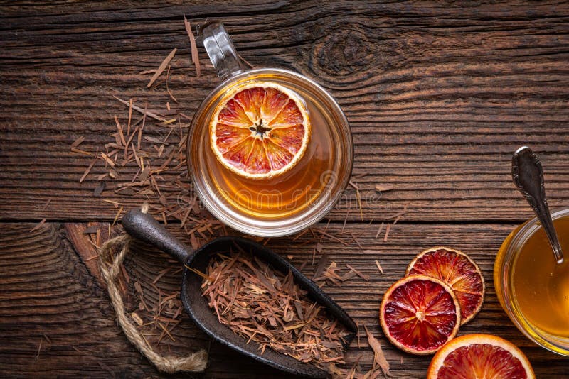 Medicinal Pau d`Arco bark tea also known as Lapacho in a glass cup