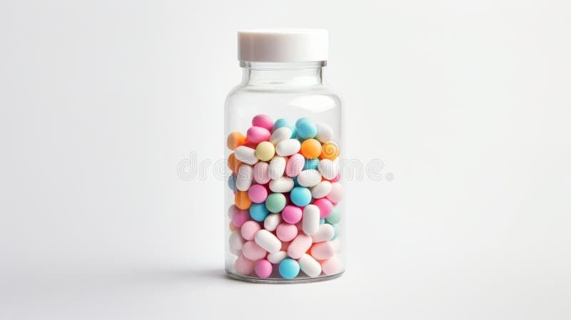 Medicinali nelle capsule. pillole colorate e capsule in viti di vetro su fondo bianco. pillole colorate in una bottiglia di vetro royalty illustrazione gratis