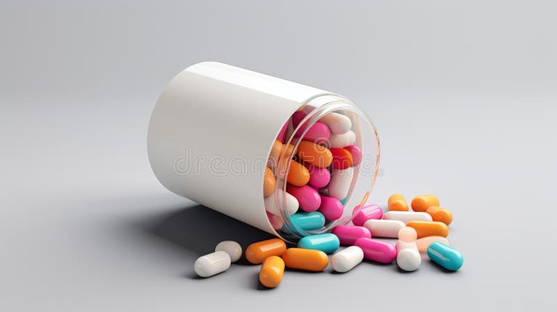 Medicinali nelle capsule. pillole colorate e capsule in viti di vetro su fondo bianco. pillole colorate in una bottiglia di vetro illustrazione di stock