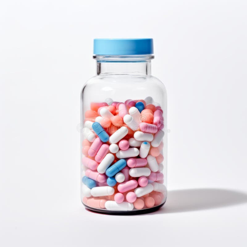 Medicinali nelle capsule. pillole colorate e capsule in viti di vetro su fondo bianco. pillole colorate in una bottiglia di vetro illustrazione di stock