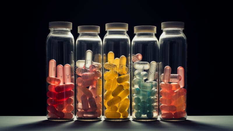 Medicinali nelle capsule. pillole colorate e capsule in viti di vetro su fondo scuro. pillole colorate in una bottiglia di vetro illustrazione vettoriale