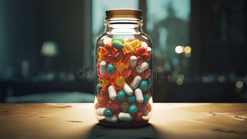 Medicinali nelle capsule. pillole colorate e capsule in viti di vetro su fondo scuro. pillole colorate in una bottiglia di vetro illustrazione di stock