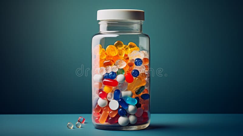 Medicinali nelle capsule. pillole colorate e capsule in viti di vetro su fondo scuro. pillole colorate in una bottiglia di vetro illustrazione di stock