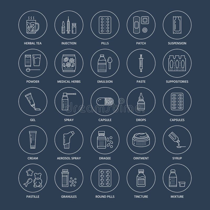Medicinas, línea iconos de las formas de dosificación Medicamentos de la farmacia, tableta, cápsulas, píldoras, antibióticos, vit stock de ilustración Medicinas, línea iconos de las formas de dosificación Medicamentos de la farmacia, tableta, cápsulas, píldoras, antibióticos, vit stock de ilustración