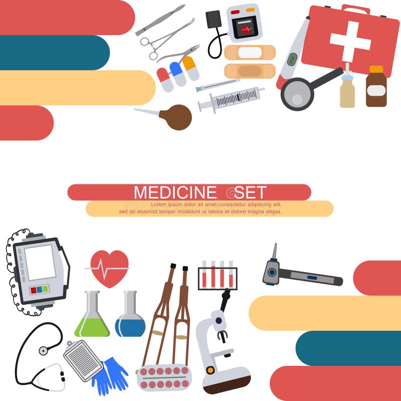 Medicine banner health tools medical hospital human service operation healthy care first aid kit vector illustration. Professional laboratory work pharmacy emergency equipment heartbeat help.