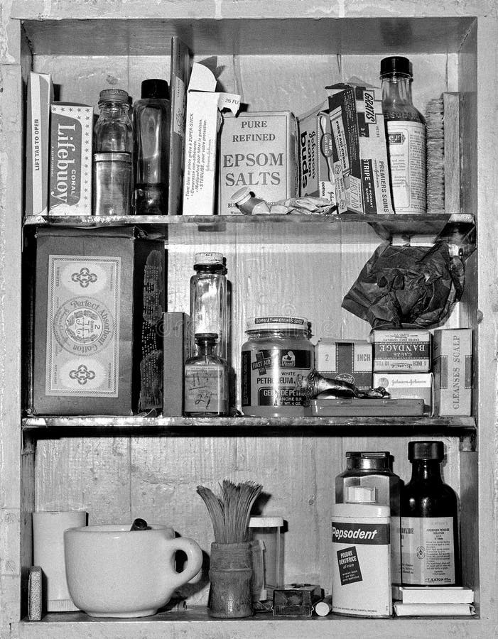 Antique Medicine Cabinet With Old Fashioned Medicines Editorial