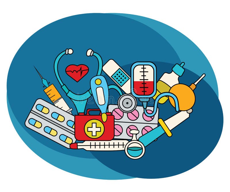 Medicine Design Set. Cartoon Free Hand Draw Doodle. Stock Vector