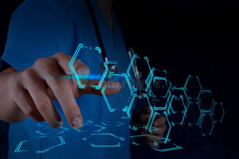 Medicine doctor hand working with modern computer interface royalty free stock photo