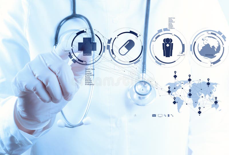 Medicine doctor hand working with modern computer interface stock images