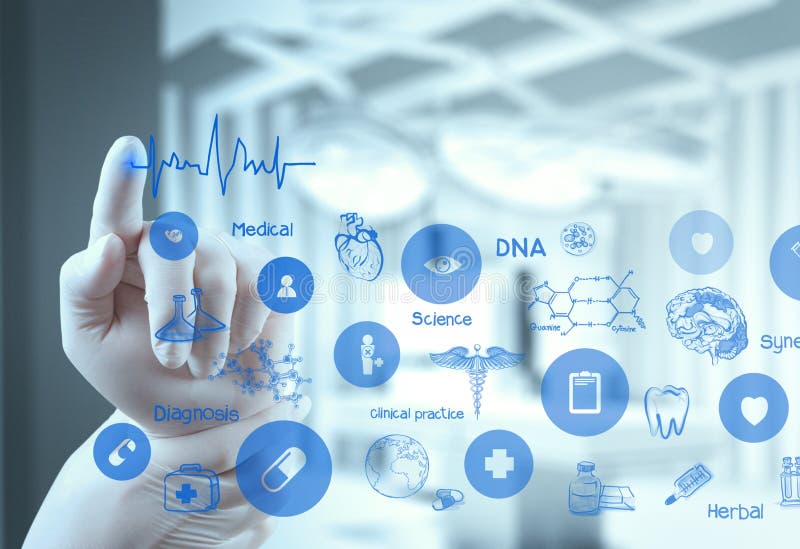 Medicine doctor hand working with modern computer interface royalty free stock images