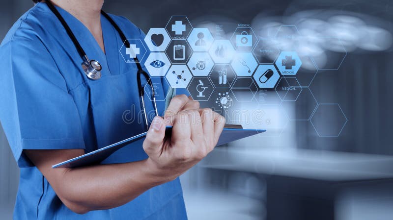 Medicine doctor hand working with modern computer interface stock images