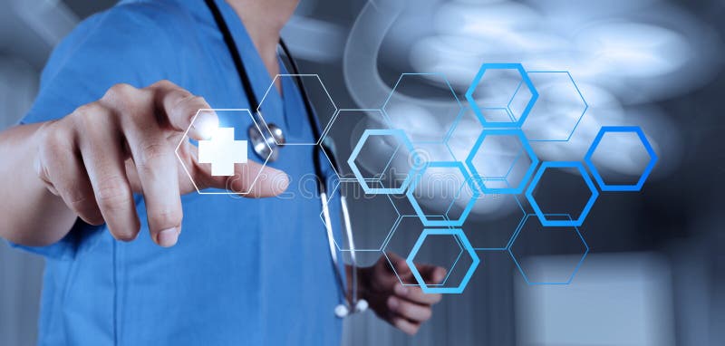 Medicine doctor hand working with modern computer interface stock photography