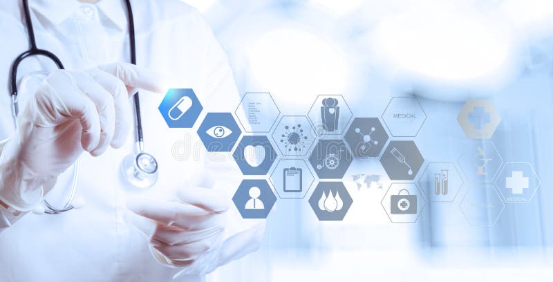 Medicine doctor hand working with modern computer stock images