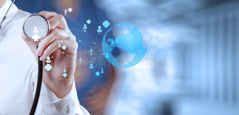 Medicine doctor hand working with modern computer royalty free stock photo
