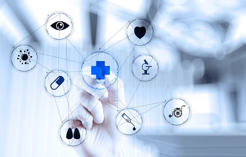 Medicine doctor hand working with modern computer interface stock image