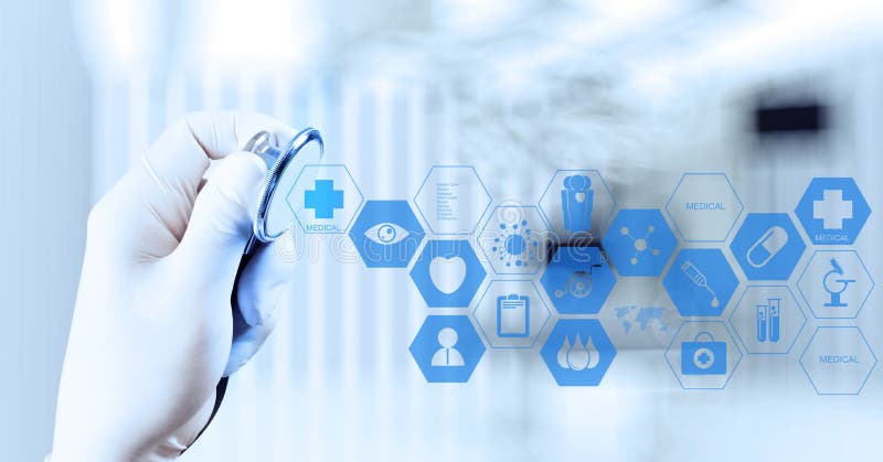 Medicine doctor hand working with modern computer interface stock photo