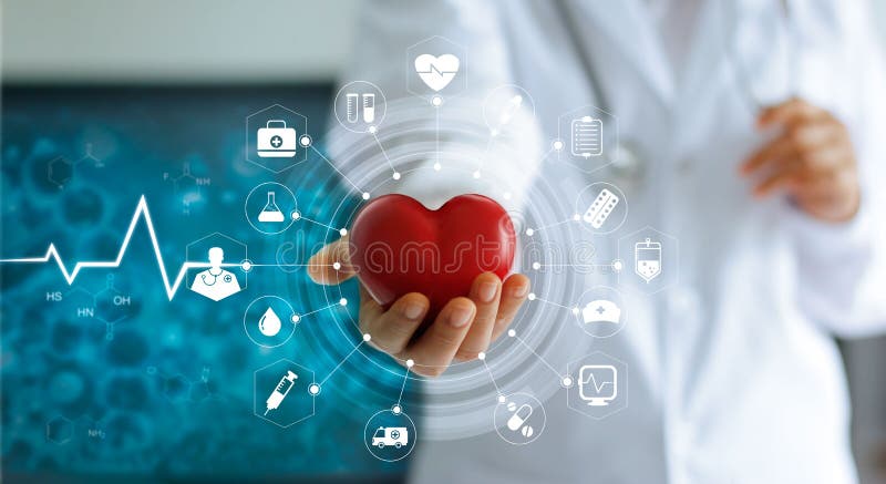 Medicine doctor holding red heart shape and icon medical network