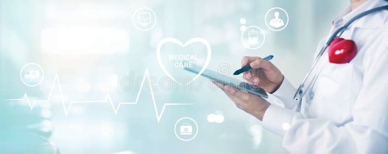 Medicine doctor with stethoscope touching information network con stock image Medicine doctor with stethoscope touching information network con stock image