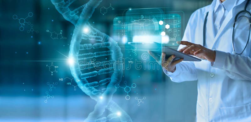Medicine doctor touching electronic medical record on tablet. DNA. Digital healthcare and network connection on hologram royalty free stock photos