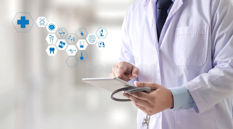 Medicine health care professional doctor hand working with mode royalty free stock images