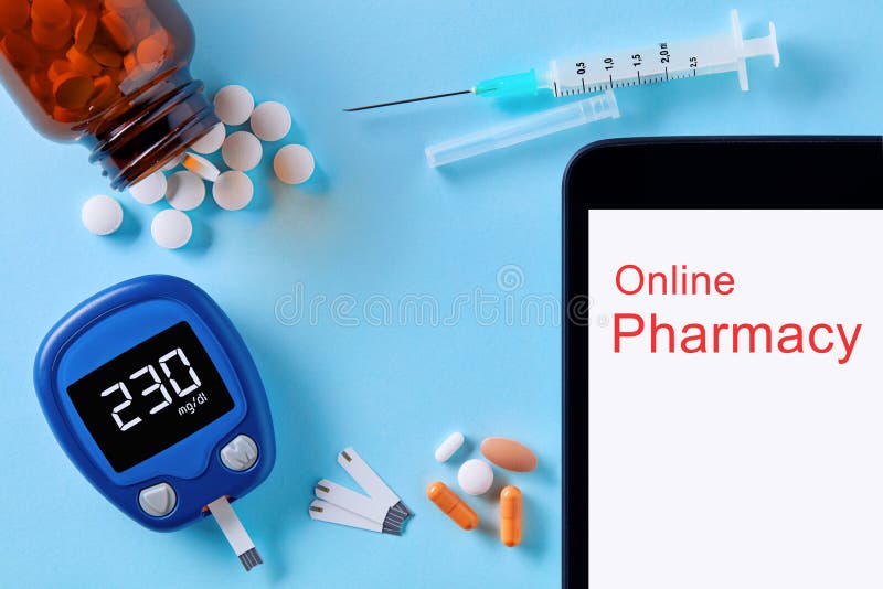 Medicine, healthcare, technology and online pharmacy. Concept. Top down view of pills, glucose meter, injector and tablet pc computer stock photos Medicine, healthcare, technology and online pharmacy. Concept. Top down view of pills, glucose meter, injector and tablet pc computer stock photos