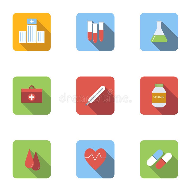 Medicine Icons Set, Flat Style Stock Vector Illustration of drug