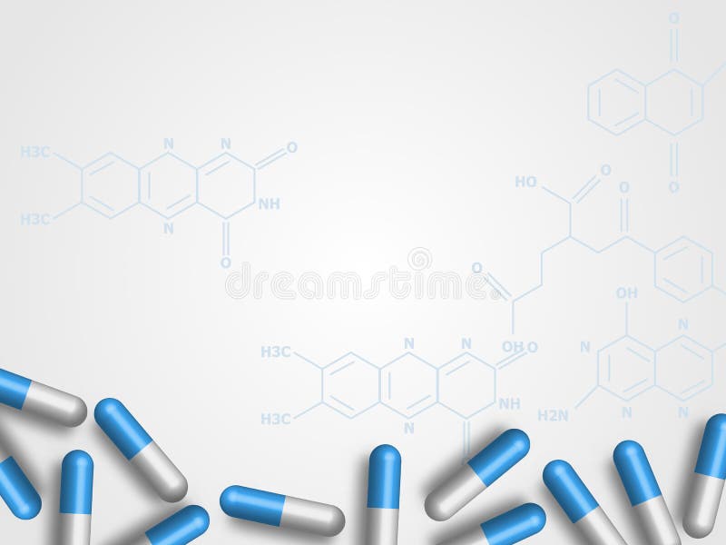 Medicines on chemistry formula as background represent medical and health care concept. Technology Background. Vector Illustration