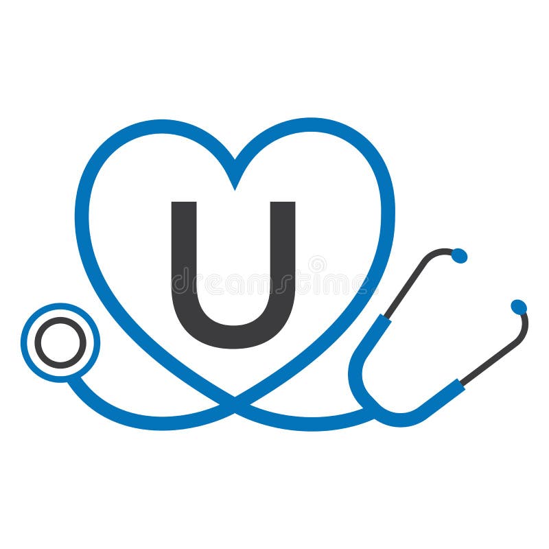 Medicinsk logotyp på bokstav u-mall. läkarlogotyp med signatärvektor för stethoscope stock illustrationer